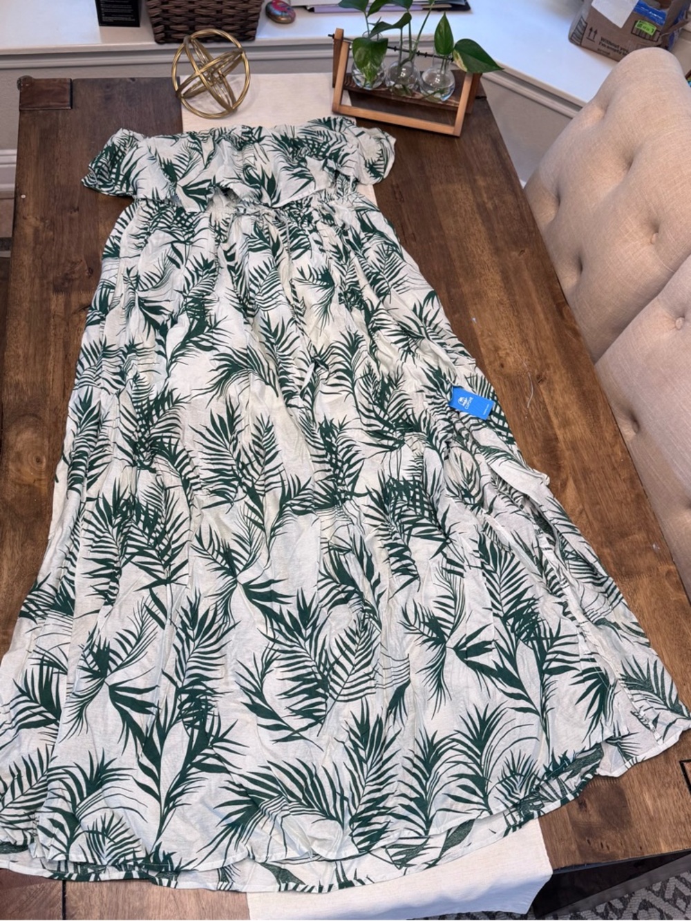 NWT Cupshe White Maxi Dress Strapless Ruffle Top with Green Leaf Print
